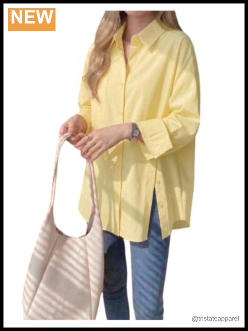 Oversized Button Down Shirt Long Sleeve Split Hem Blouse Collared Neck